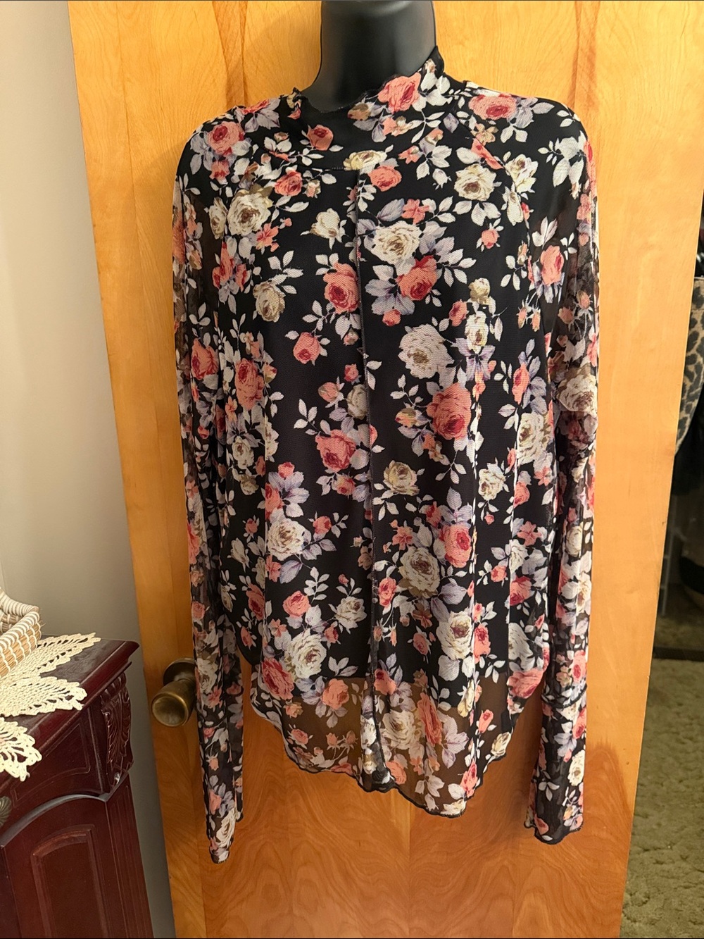 Floral Sheer Long-Sleeve Blouse in Black with Pink and Cream Roses